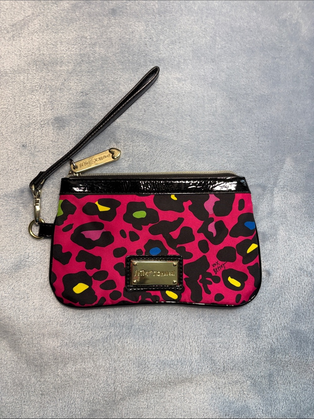 Betsey Johnson Fuchsia Leopard-Print Wristlet Clutch with Black Trim